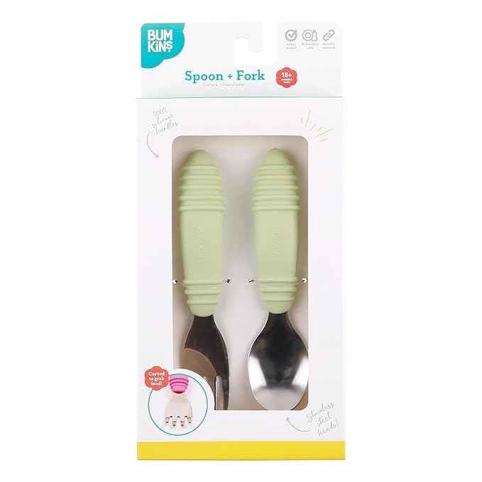 Bumkins Toddler Utensils, Kids Size Fork and Spoon Set, Silicone and Stainless-Steel Training Silverware, Angled Forks / Sporks for Self-Feeding, Children Hold Learning to Eat, 18 Mos Up, Sage Green