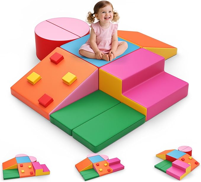 Lischwert Foam Climbing Blocks for Toddlers 1-3, 7pcs Soft Play Set with Crawling Exploration Toys, Indoor Outdoor Infant Safe Blocks for Baby Gym Toddler Playground