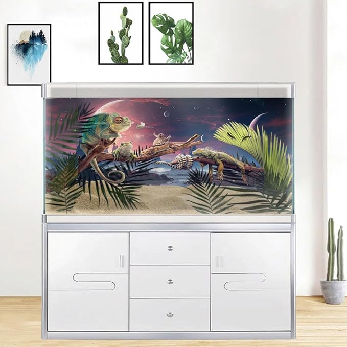 24X16IN Cosmic Spaceterrarium Background, Cool Parallel Space Themed Aquarium Reptile Habitat Background, Red Moon Aquarium Background with 10EVA Double-Sided Tape