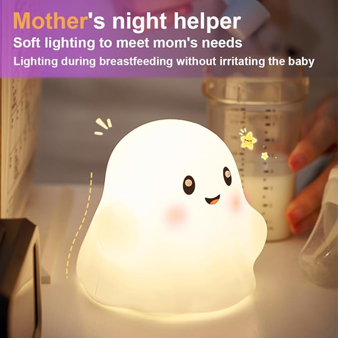 Ghost Night Light for Kids, Silicone Nursery Nightlight with 13 Interactive Sound Effects ,Halloween Decor Lamp Adjustable Dimmable Lamp with Touch Sensor Children's Christmas Gifts (white ghost)