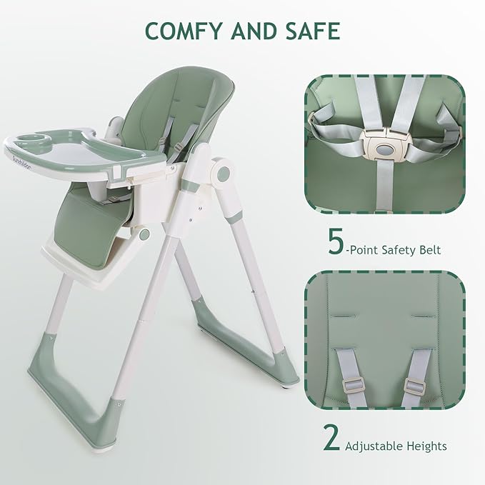 3 in 1 Baby High Chair with Wheels, Adjustable 5 Point Harness, Tray, Foot Rest, Backrest and Seat Height, Foldable High Chair for Toddlers, Green