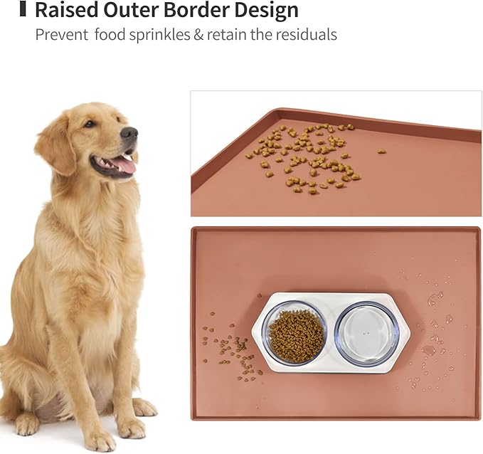 Dog Food Mat,Silicone Waterproof Food Tray,Non Slip Pet Bowl Mats Placemat,0.6" Raised Edge,Suitable for Most Small and Medium Sized Pets,18.5" x 11.5"