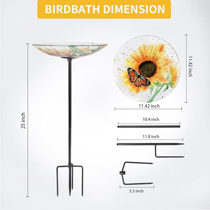 MUMTOP Bird Baths for Outdoors, Glass Birdbath Birdfeeder Bowl with Metal Stake for Outside Garden Yard Lawn Sunflower Butterfly Decor