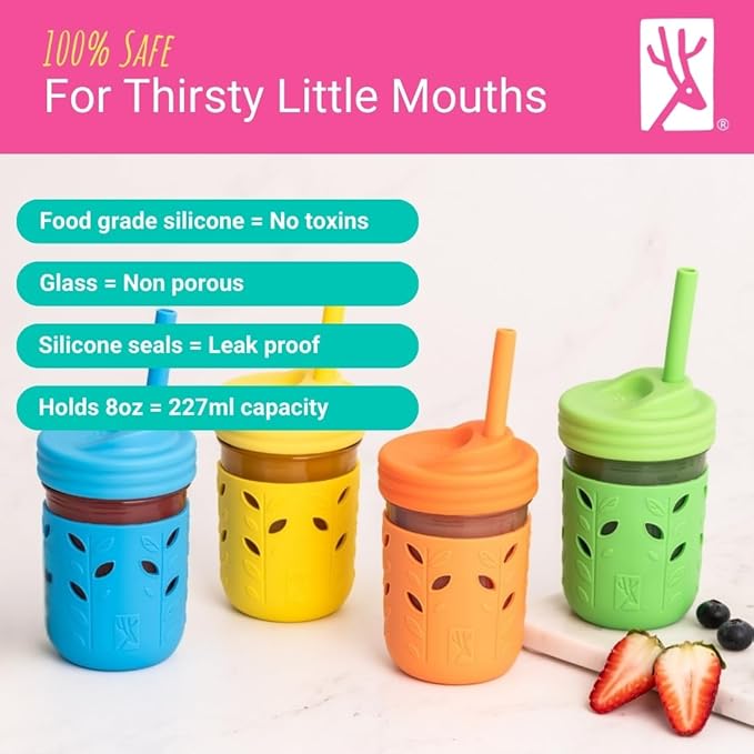 Elk and Friends Kids & Toddler Cups | The Original Glass Mason jars 8 oz with Silicone Sleeves & Silicone Straws with Stoppers | Smoothie Cups | Spill Proof Sippy Cups for Toddlers | 4 Pack