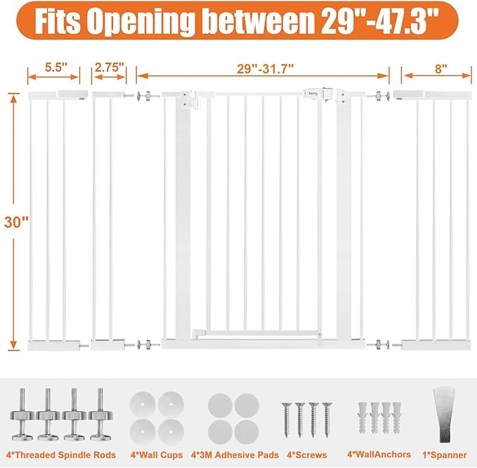 keny 29"-47.3" Extra Wide Baby Gate for Stairs, Auto Close Safety Dog Gate, Pressure Mounted No Drilling Pet Gate for Doorways, Easy Walk Through Stair Gate for Kids Todder, 30" Tall, White