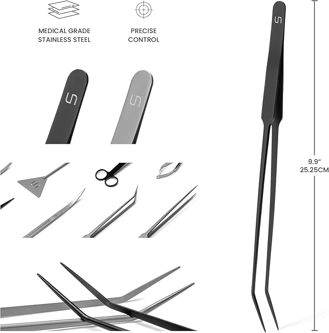 UNS Aquascaping Tools - Stainless Steel, Rust Resistant, Freshwater Planted Tank, Saltwater Reef Aquarium Maintenance Accessory - Planting, Coral Setting - Curved Pinsettes, Black