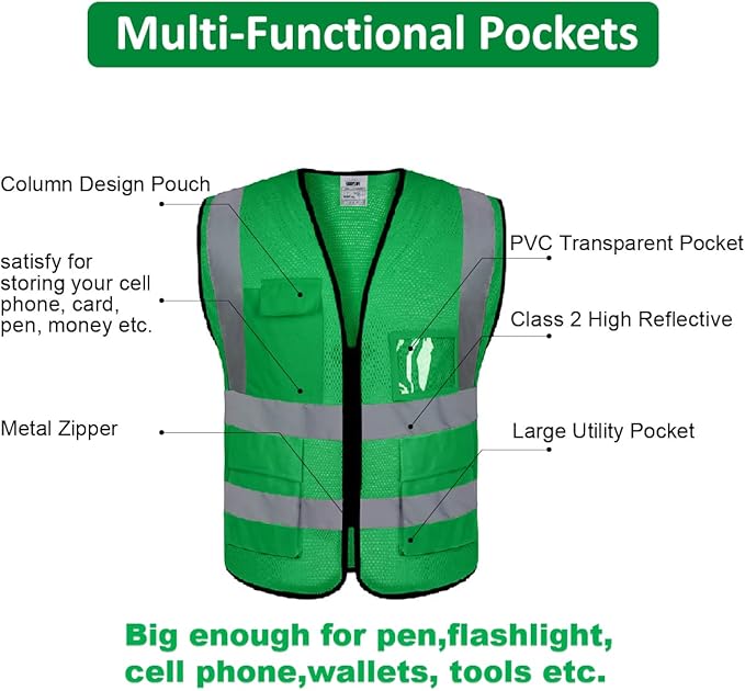 BeautyWill 10 Pack Mesh Safety Vest Custom Logo Class2 High Visibility Reflective Vest with 5 Pockets Construction Security Work Vest ANSI/ISEA Standards（Green，3XL ）