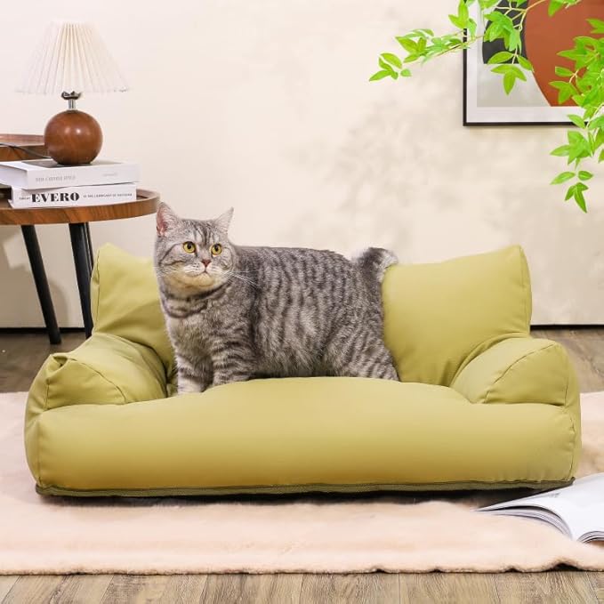 PU Leather Rectangle Dog Cat Pet Sofa Couch Soft Calming Pet Beds for Small Cats and Dogs,20X15.7X9 INCH (Green)