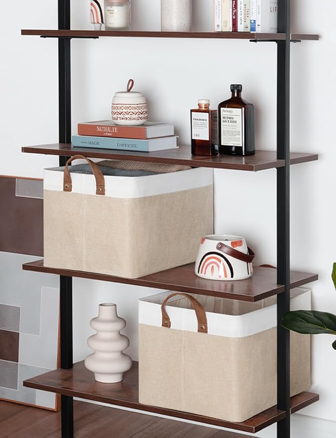 StorageWorks Storage Bins, Fabric Storage Bins for Shelves, Large Storage Baskets with Metal Frame, Closet Baskets and Bins with Handles, Brown and White, 2-Pack
