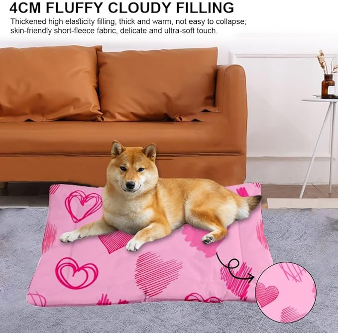 Graphic Heart Light Pink Dog Beds& Furniture Mat for Dog Pad Crate Bedding Washable Non-Slip Crate Beds Bed for Medium Dogs Cage Mat Kennel Outside Indoor Outdoor 36X24 Inch