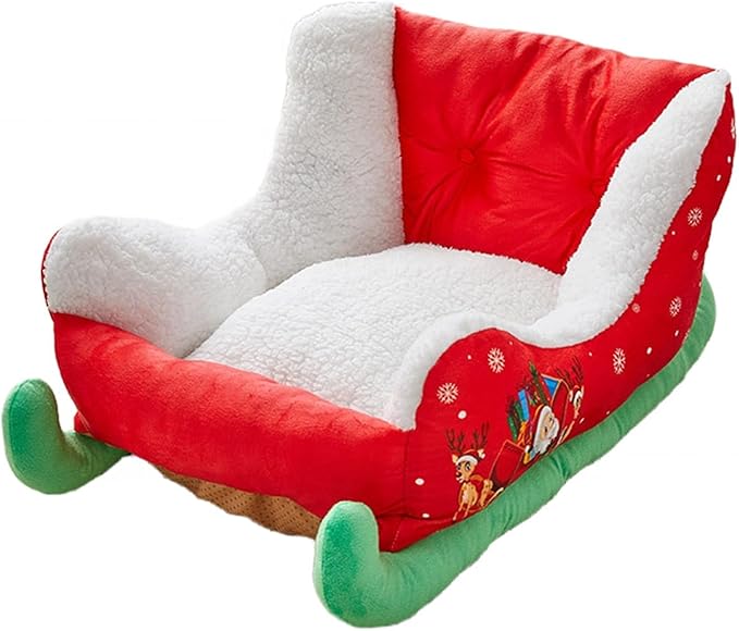 Christmas Sleigh Dog Bed, Red Cat Pet Bed, Washable and Highly Durable Indoor/Outdoor, Holiday Themed (A)