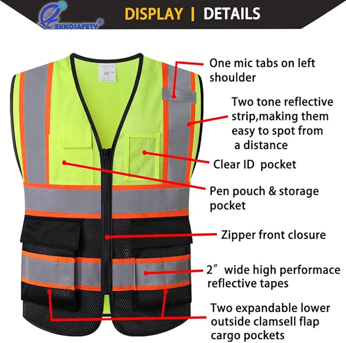Reflective Mesh Safety Vest for Men Women with 5 Pockets and Zipper Front High Visibility Mesh Vest Hi Vis Construction Work Vest,Meets ANSI/ISEA Standards(EK175-Yellowblack-M)