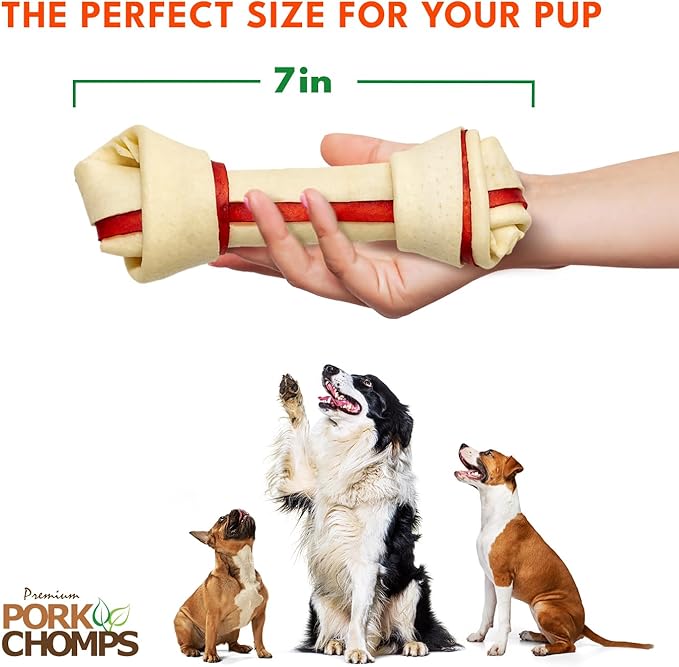 Pork Chomps Baked Pork Skin Dog Chews, 6 Inch Knots, 8 Count, 1 Pack, Bacon Flavor - Long-Lasting Treats for Dogs - High Protein, Rawhide-Free, Low Fat, Healthy & Delicious Chews