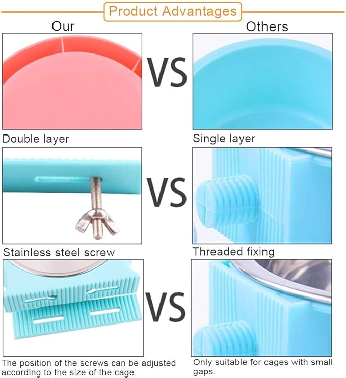 kathson Crate Dog Bowl, Removable Stainless Steel Hanging Pet Cage Bowl Food & Water Feeder Coop Cup for Cat, Puppy, Birds, Rats, Guinea Pigs (2pcs, Pink and Blue)