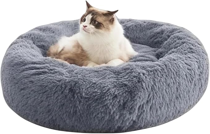 SALAN Calming Donut Dog Bed for Small Dogs and Cats, 16 Inch Round Plush Faux Fur Pet Bed, Washable Fluffy Self Warming Anti Anxiety Cuddler Bed for Puppy, Kitten, Indoor Cats (Khaki)