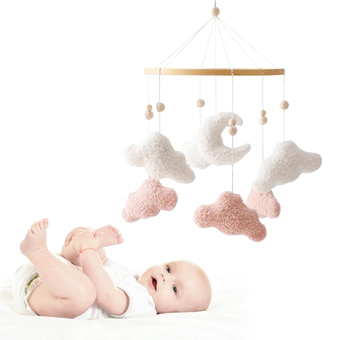 EERKEOD Baby Crib Mobile Bunny Nursery Mobile for Boys Girls Teddy Velvet Mobile Nursery Decor for Infant Bedroom Hanging Baby Mobile for Bassinet Newborn Baby Gift（Pink Clouds）