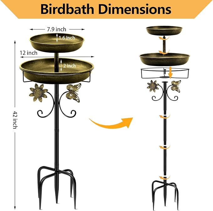 Daoeny Bird Bath for Outside, 42In Vintage Freestanding Birdbaths for Outdoors, Double Metal Bird Bath Feeder Bowls for Garden Patio Yard Lawn Decor, Upgraded 5-Pronged Base (Antique Golden)