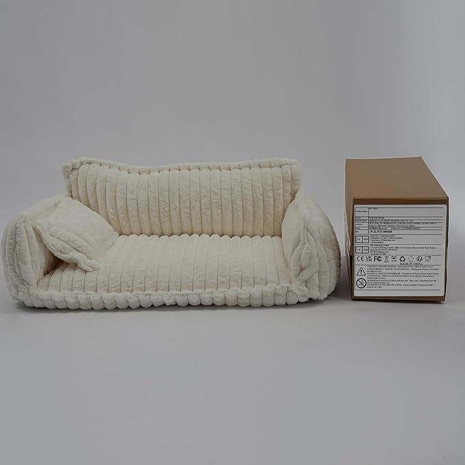 Pet Couch Bed for Dog and Cat, Plush Calming Couch for Pets with Removable Washable Cover, Modern Sofa Style Pet Bed for Home Living Room (White)