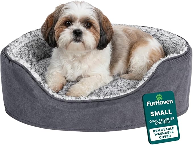 FurHaven Dog Bed for Small Dogs, Oval Lounger with Soft Pillow Cushion Insert for Cozy Comfort, Removable Washable Cover, Small, Faux Fur & Suede, Gray