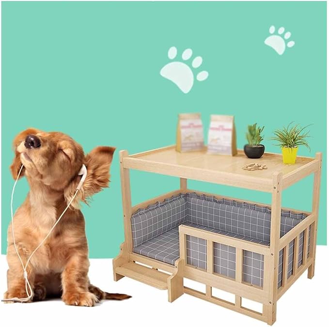 XPLKQXE Dog Bed Wood Platform, Elevated Pet Cushion Bed, Animal Couch with Mattress, Dog Beds & Furniture Rest Cot, Portable Fence Bed Pet Up to 45kg/100lbs(Color:Gray,Size:120x60x70cm)