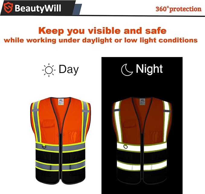 5 Pack Custom Mesh Safety Vest Customized Logo Class2 High Visibility Reflective Vest with Pockets Construction workwear（Orange Black，4XL ）