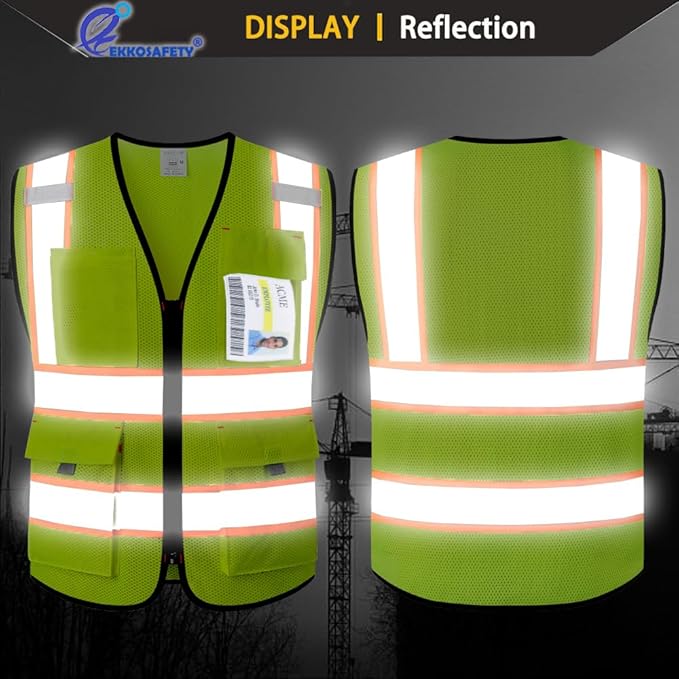 Reflective Safety Vest for Men Women with 9 Pockets and Zipper Front Class 2 High Visibility Mesh Work Vest Hi Vis Construction Vest,Meets ANSI/ISEA Standards(EK176-Yellow-3XL)
