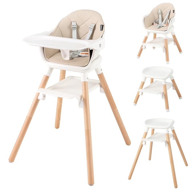 BABY JOY High Chair, 6 in 1 Convertible Wooden Highchair for Babies & Toddlers with Adjustable Legs, Double Removable Tray, Safety Harness & Waterproof PU Cushion (Beige)