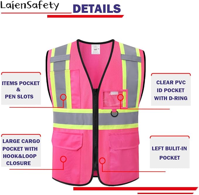 Safety Vest for Men Women Reflective with Multiple Pockets Mesh High Visibility Construction Work Vest,Meets ANSI/ISEA Standards(EK1-178-Pink-XL)