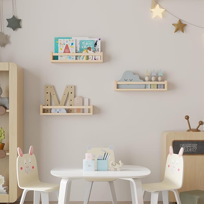 Heimlove Nursery Floating Shelves, Wood Nursery Book Shelves for Wall, 16 inch Wall Bookshelf for Kids Solid Wood Wall Mounted Shelves for Books,Toys and Decor Storage, Set of 2