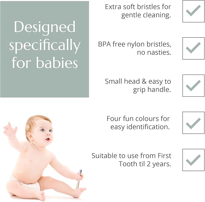 Wild & Stone Organic Baby Bamboo Toothbrushes | 4 Pack | Soft Bristles | 100% Compostable Handle | BPA Free | Vegan Baby Toothbrushes (Multicolour)