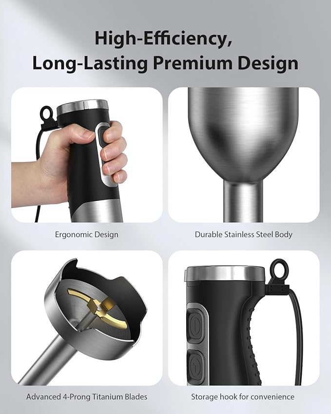 1000W Powerful Immersion Blender Handheld, 2025 New Update Hand Blender with 25-Speed and Heavy-Duty Copper Motor, 4 in 1 Hand Mixer with Chopper, Whisk, Beaker and Wand Silver
