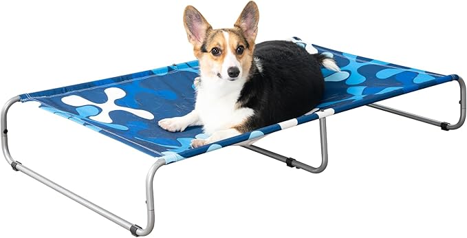 Elevated Dog Bed for Medium/Large Dogs 85lb,Cooling Raised Washable Dog Cot,Metal Frame, No-Slip Feet, Polyester Cotton,Indoor/Outdoor Pet Bed,43 * 26 * 7in, Clover Ocean Blue