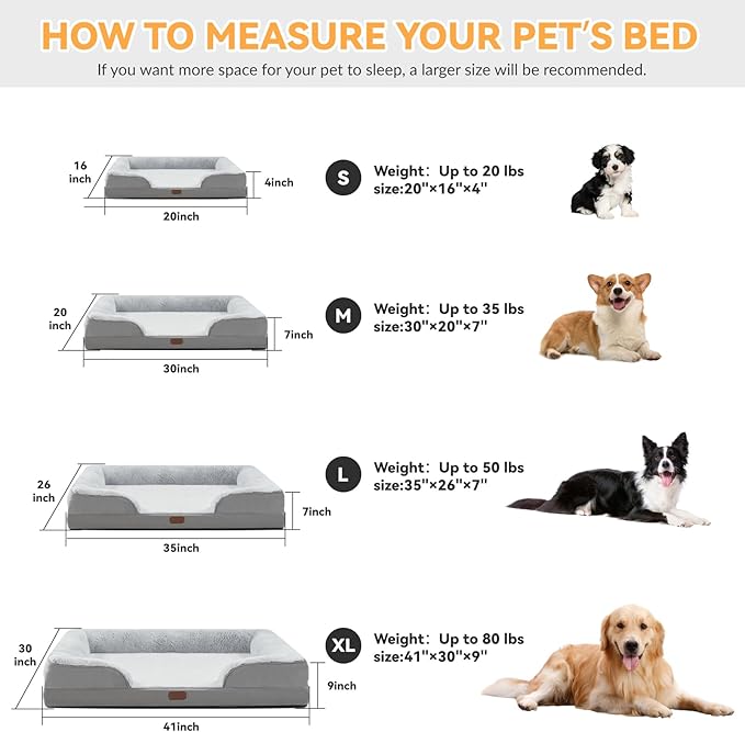 Orthopedic Dog Bed for Large Sized Dogs Waterproof Memory Foam Pet Beds with Nonskid Bottom Washable Dog Couch Bed with Washable Removable Cover Light Grey