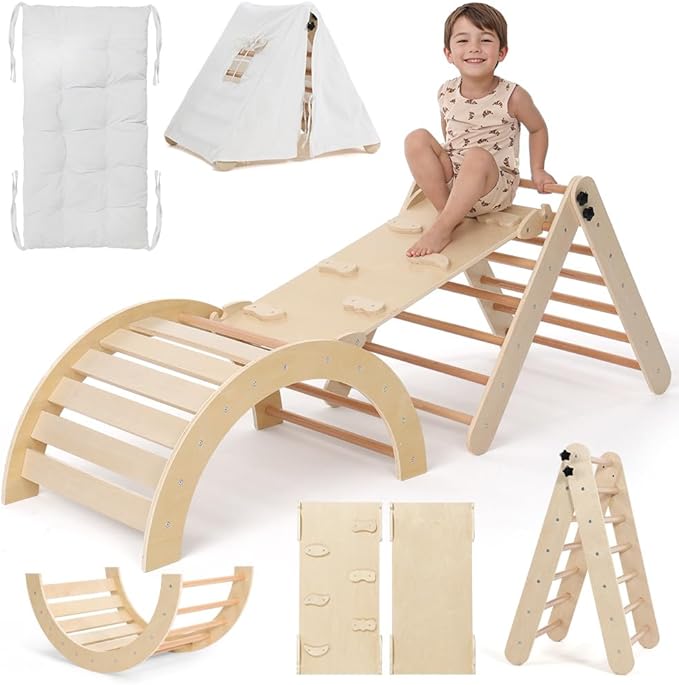Pikler Triangle Set with Cushion, 8-in-1 Toddler Climbing Toys Indoor, Wooden Montessori Climbing Set with Arch Ramp,Ladder&Tent Cloth, Baby Indoor Climber Jungle Gyms for Toddlers Toy, Natural