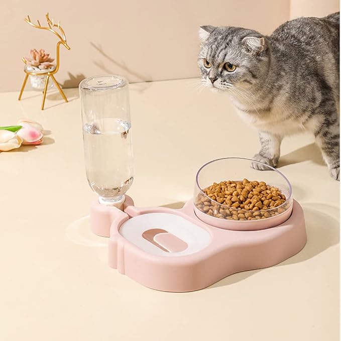 Love Dream 2-in-1 Dog Cat Bowls, 15°Tilted Raised Water and Food Bowl Set with Automatic Water Dispenser Bottle and Detachable Cat Dish, Pet Feeder for Small or Medium Dogs Cats Puppy Kitten Rabbit