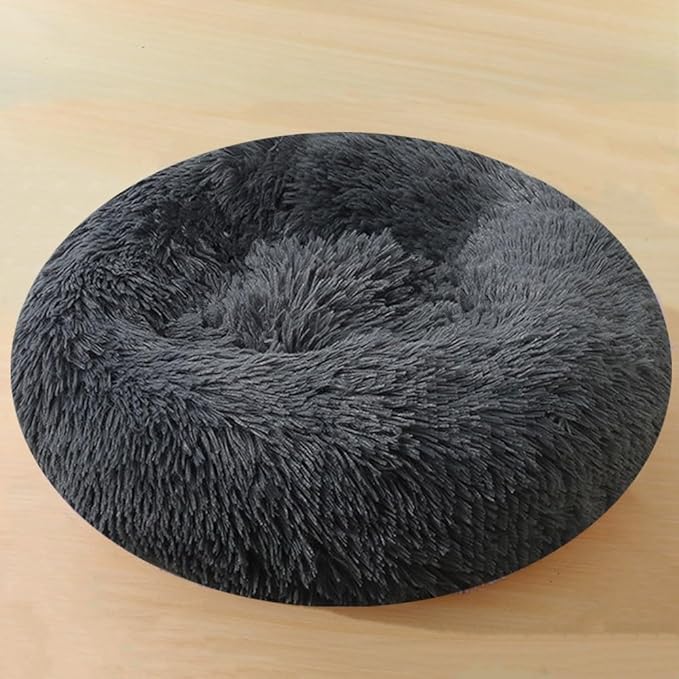 Calming Small Dog Bed & Cat Bed, 16 Inch Donut Fluffy Anti-Anxiety Round Bed Washable Cute Bed, Cuddler Warming Cozy Soft Bed, Plush Cushion Bed for Small Medium Dogs and Cats (Dark Grey)