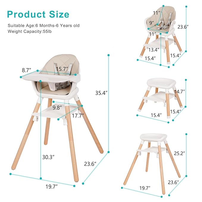 Baby High Chair, 6 in 1 Wooden Convertible High Chairs for Babies and Toddlers, Booster Seat with Double Tray & Reversible Footrest Baby Highchair, 5-Point Harness Baby Feeding Chair, Beige