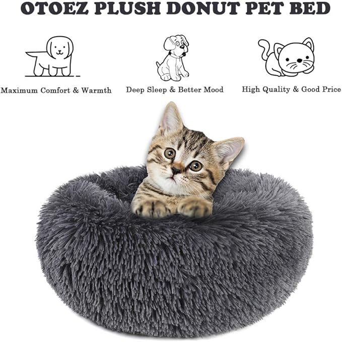otoez Round Donut Dog Bed for Small Dogs, Washable Cat Calming Bed Cuddler Anti Anxiety Fluffy Plush Dog Cat Bed with Non-Slip Waterproof Bottom (23.6", Dark Grey)
