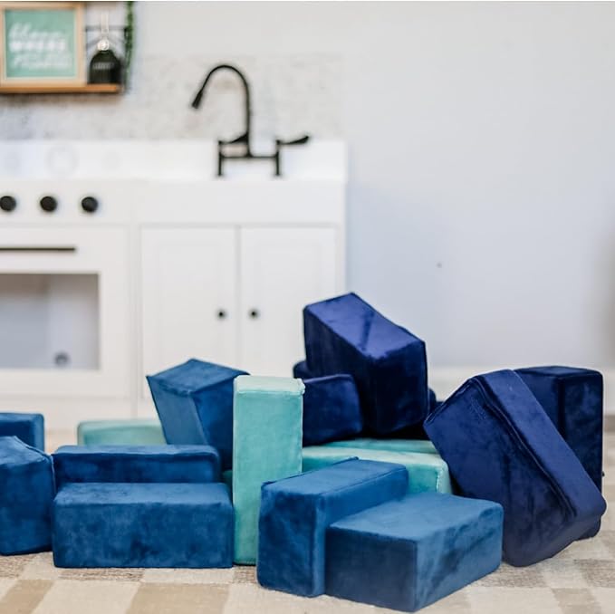 The Original Premium Plush Building Block for Kids - Certified Safe Foam Blocks in Luxuriously Soft Fabric Covers - Set of 24 (Ocean)