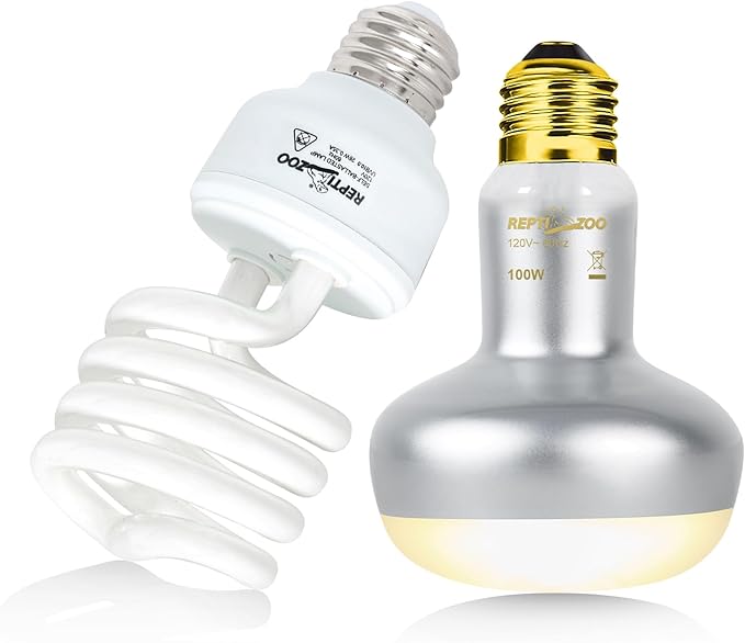 REPTI ZOO Reptile Heat Lamp Bulb and UVB 10.0 Reptile Light Combo Pack, 100W Intense Basking Spot Light UVA Heat Lamp Bulb, 26W Energy Saving UVA UVB Bulb Spiral Compact Bulb