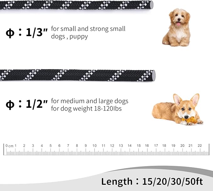 Long Dog Leash for Training 20Ft-Reflective Nylon Rope with Swivel Hook-Recall Agility Lead for Large Small Medium Dogs Outside Walking Hiking-Black Diam 1/2"