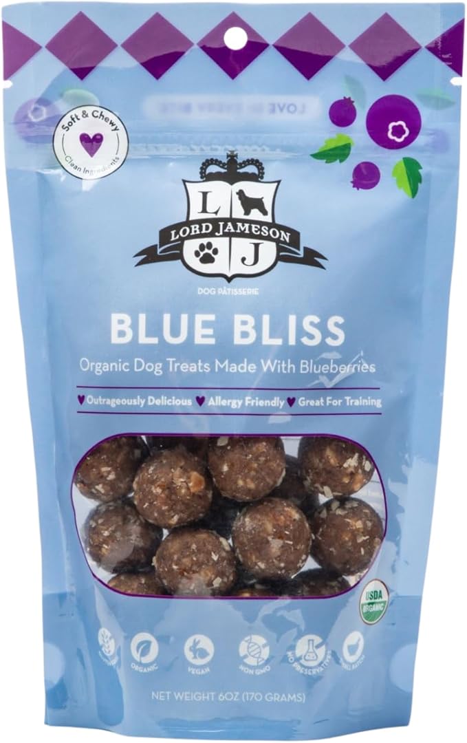 Lord Jameson: Blue Bliss 6 oz - Dog Patisserie Treats, Organic, Soft & Chewy No-Bake, Blueberry Antioxidant Rich Bites, Gluten & Preservative Free