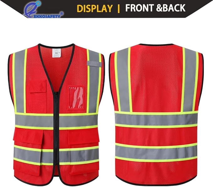 Reflective Mesh Safety Vest for Men Women with 5 Pockets and Zipper Front High Visibility Vest Hi Vis Construction Work Vest,Meets ANSI/ISEA Standards(EK175-Red-XL)