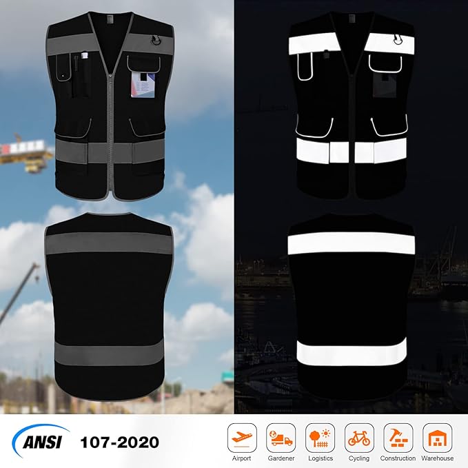 TCCFCCT Mesh Safety Vest 9 Pockets High Visibility Reflective Safety Vest for Men Women, Hi Vis Work Vest with Reflective Strips, Meets ANSI/ISEA Standards, (Black, 3X-Large)