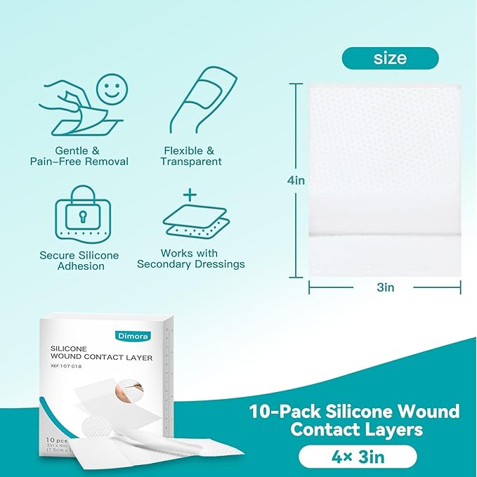 Dimora Silicone Wound Contact Layer, Non-adhering Dressing, Transparent Wound Dressing Pads, 3in x 4in (7.5cm x 10cm), 10 pcs