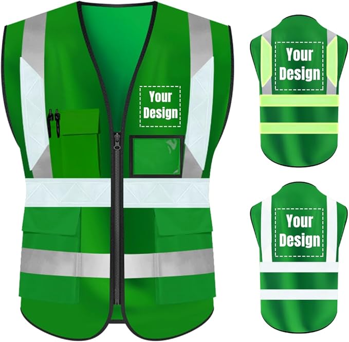 YOWESHOP High Visibility Safety Vest Custom Your Logo Protective Workwear 5 Pockets With Reflective Strips Outdoor Work Vest (3XL, Green Luminous)