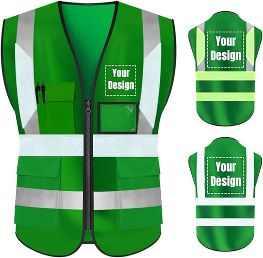 YOWESHOP High Visibility Safety Vest Custom Your Logo Protective Workwear 5 Pockets With Reflective Strips Outdoor Work Vest (4XL, Green Luminous)