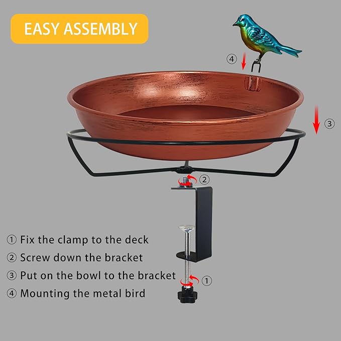 Deck Bird Bath for Outdoors, 11" Copper Metal Birdbath Bowl with Adjustable Big Steel Clamp Backyard Bird Bath&Bird Feeder for Railing Balcony Fence Yard Art Garden Decor