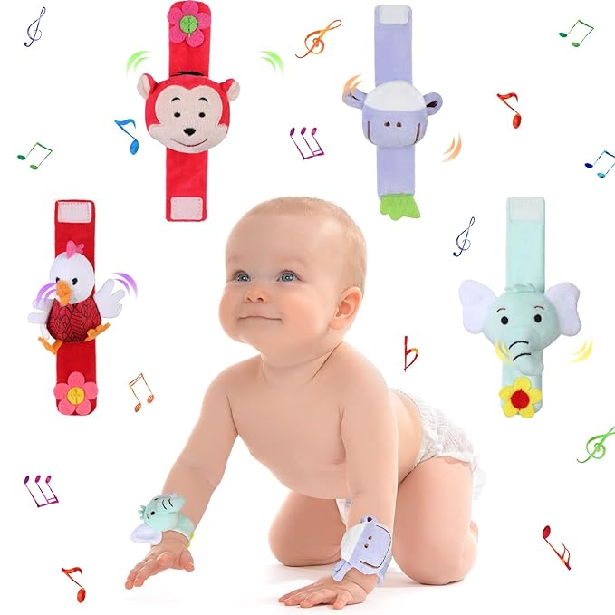 4 Pieces Baby Wrist Rattles Animal Pattern Newborn Foot Rattles Toy for 0-12 Months Babies Boy Girl Infant Birthday Gifts Educational Toys, 4 Designs (Sheep, Dog, Chick, Monkey)