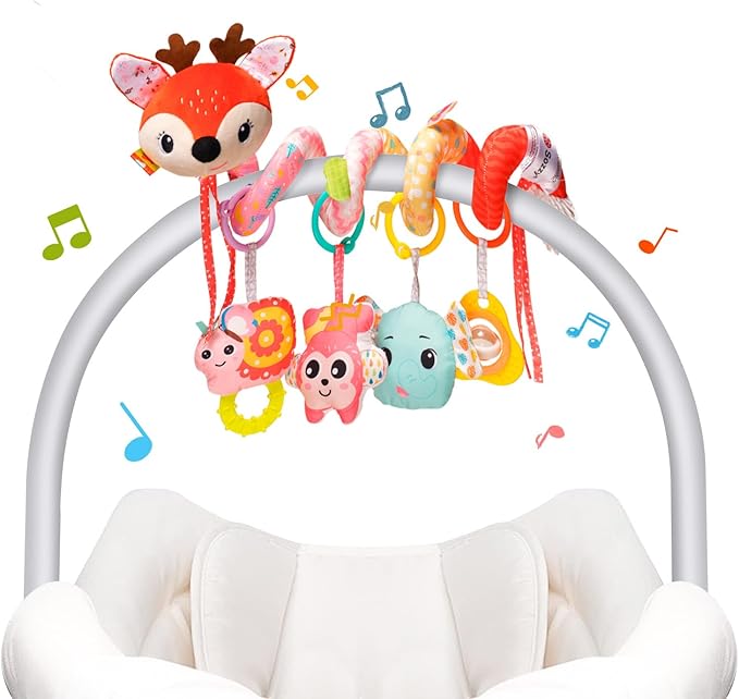 Car Seat Toys, Cute Deer Car Seat Toys for Babies 0-6 Months Boy, Stroller Toys with Crinkle, Teether, Music Box, Rattle, BB Squeaker for 0 3 6 9 12 Months Babies Infant Boys Girls Gifts (Cute Deer)